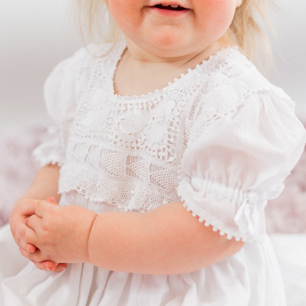 Baby Christening Gown Hand Embroidered 100% Cotton Adorned with Handmade Lace - UK Stock