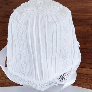Bespoke Baby Christening Bonnet 100% Cotton Embellished with Handmade Lace Trims Cotton Different Ages UK Stock