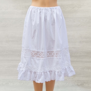 White Cotton Petticoat Adorned with Lace Trims, Pintucks and a Wide Broderie Anglaise Ruffle Victorian Waist Slip Dress and Skirt Extender