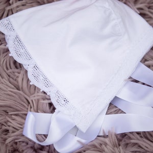 Bespoke Baby Bonnet White Cotton Baby Christening Hat Adorned with Handmade Lace Trims - Made in the UK