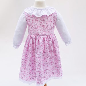 Ruffle Collar Girl Dress Long Sleeves Adorned with Hand Made Lace Trims - 2-3 years old - Shipping Worldwide from the UK