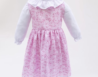 Pink Cotton Girl Dress Adorned with Handmade Lace Trims Ruffle Collar and Long Sleeves - UK Stock