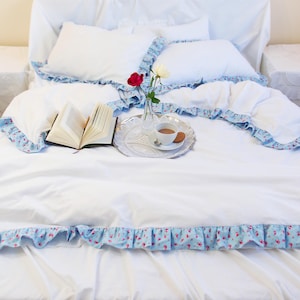 White Cotton Duvet Cover Sets 3 PCs with Double Faced Floral Ruffles - Made in the UK Shipping Worldwide