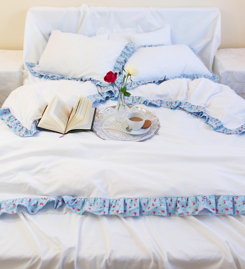 Luxury White Cotton Duvet Cover Set With Double Faced Ruffles ALL