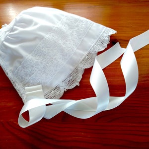 Baby Christening Bonnet 100% Cotton Adorned with Handmade Lace Trims - Shipping Worldwide from the UK