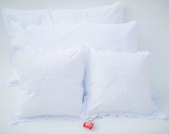 Handmade Embroidered Cotton Cushion Cover with Lace Trims