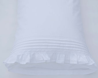 Ruffled Lace White Cotton Pillowcase - Made in UK