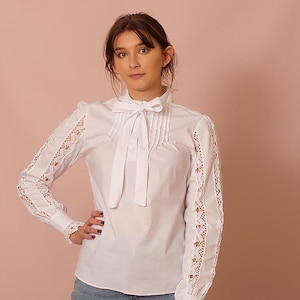 White Lace Blouse Long Sleeves Lavishly Adorned with Handmade Lace Trims - UNIQUE - UK stock
