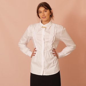 White Cotton Long Sleeve Blouse for Work Embellished with Handmade Renaissance Lace Trims - UK Stock
