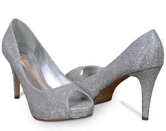 Tacones plateados brillantes para boda: zapatos de novia deslumbrantes (tallas 8.5 y 9 de EE. UU.)