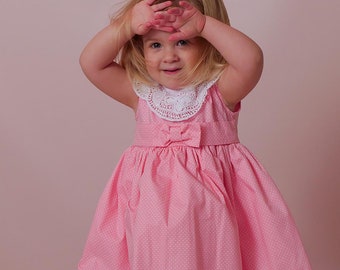 Pink Polka Dot Girl Dress Adorned with Handmade Lace 100% Cotton UK Stock