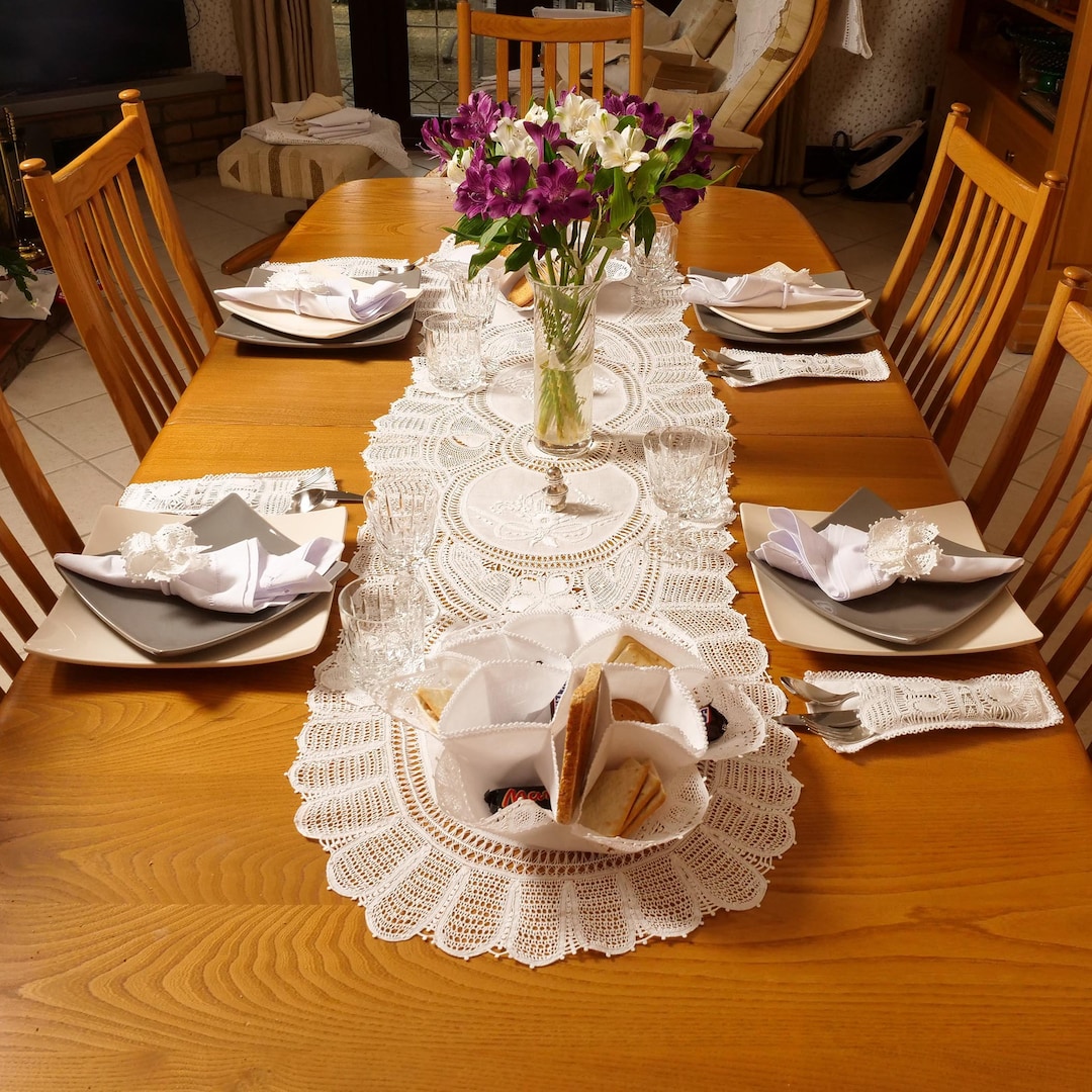 LUXURY White Cotton Table Runner Hand Embroidered and Lavishly Adorned