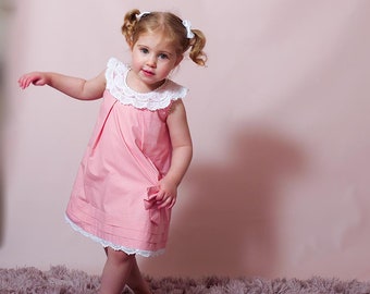 Pink Polka Dot Girl Dress Embellished with Handmade Trims 100% Cotton - UK Stock