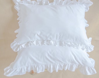 White Pillowcases 100% Cotton Embellished with Ruffles all Around them - Cotton Pillow Covers Handmade