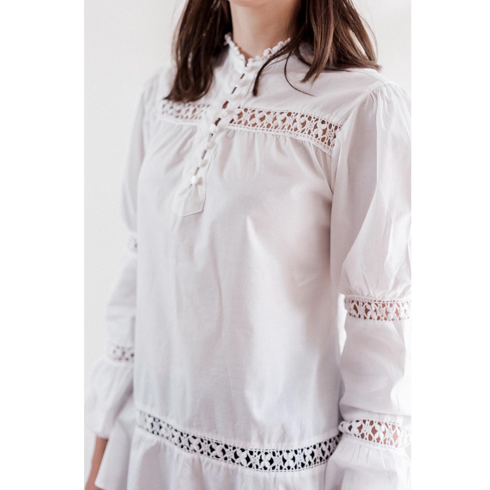 Puff Ruffle White Long Sleeve Lace Blouse for Women Etsy