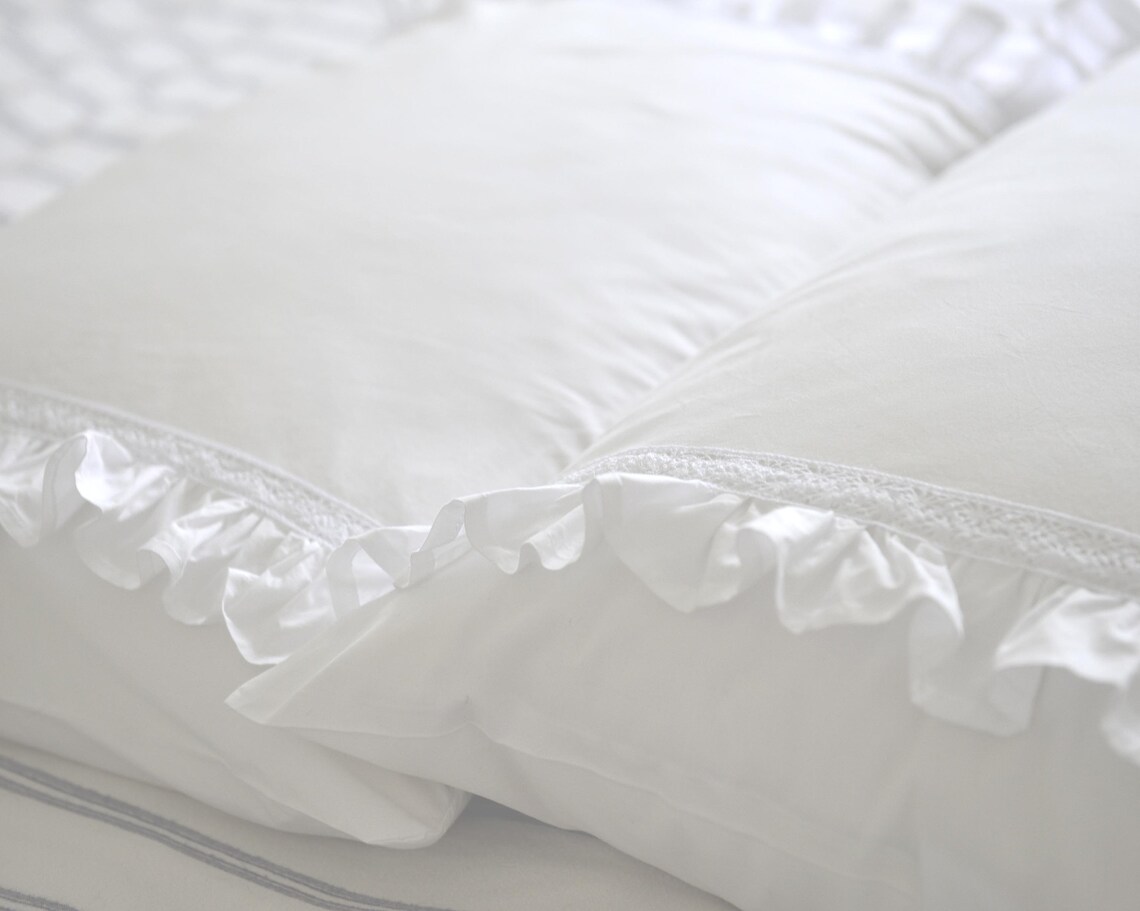 2 Crisp White Pillowcases 100 Cotton Embellished with Ruffles Etsy