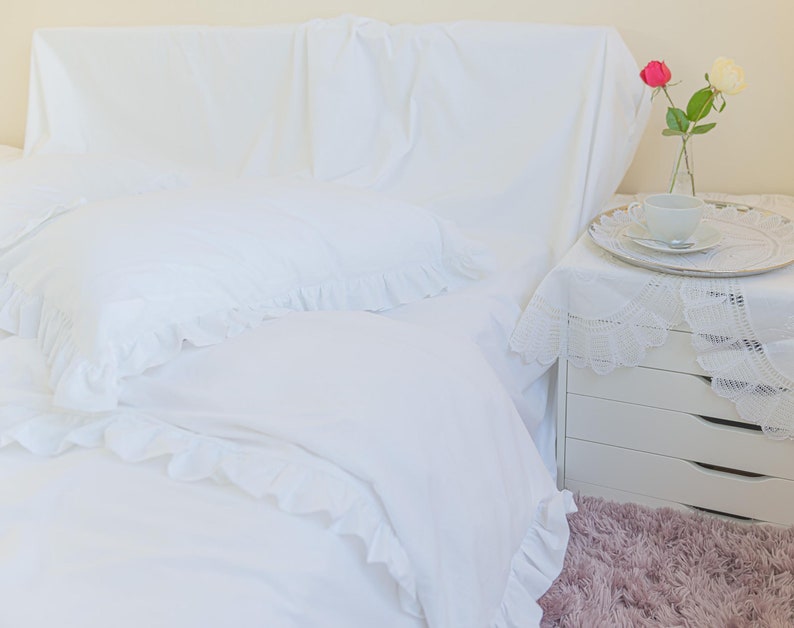 Luxury White Cotton Duvet Cover Set With Double Faced Ruffles ALL