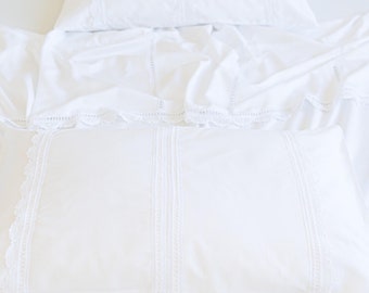 Super King Sheet Set 100% Egyptian Cotton  Size L260cm x W270cm - 3 PCs -  Adorned with Luxurious Handmade Lace Trims - Shipping Worldwide