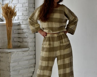 LINEN PANTS & TOP, 100% linen, pajamas women, women pajamas, set women, top linen, culotte linen, clothing linen, pants linen