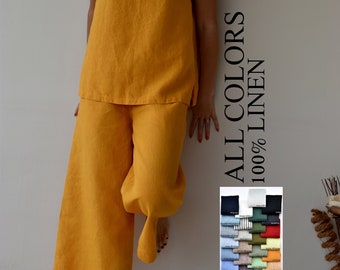 May include: A woman wears a yellow linen top and matching wide-leg pants. The text "ALL COLORS 100% LINEN" is on a white background. A swatch card shows a variety of linen colors.