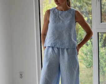 Linen PANTS & TOP / linen culottes / linen pajama set linen top/ pajama woman clothing / linen pant woman linen clothing/ linen culotte