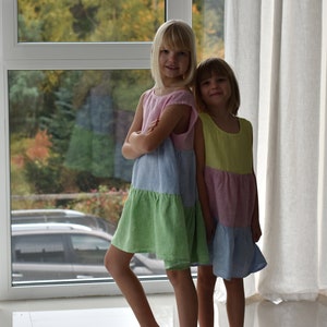 Girl linen dress with swinging ruffles Rainbow / Pink linen baby dress / more colors available / dress kids/ dress children