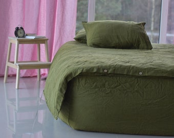 DUVET COVER set & pillow with envelope closures Green khaki color Stone Washed Seamless full king quilt linen duvet cover king Full