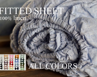 Linen fitted sheet in a melange blue color Queen King Twin 100% Flax Softened Sheet blue linen bedding