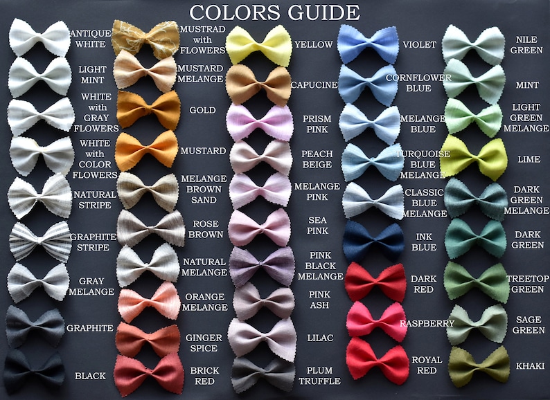 May include: A color guide for fabric swatches, displayed as bow ties. The swatches are arranged in rows and columns, with each color labeled with its name. The colors include antique white, light mint, white with gray flowers, white with color flowers, natural stripe, graphite stripe, gray melange, graphite, black, mustard with flowers, mustard melange, gold, mustard, melange brown sand, rose brown, natural melange, orange melange, ginger spice, brick red, yellow, capucine, prism pink, peach beige, melange pink, sea pink, pink black melange, pink ash, lilac, plum truffle, violet, cornflower blue, melange blue, turquoise blue melange, classic blue melange, ink blue, dark red, raspberry, royal red, nile green, mint, light green melange, lime, dark green melange, dark green, treetop green, sage green, khaki.