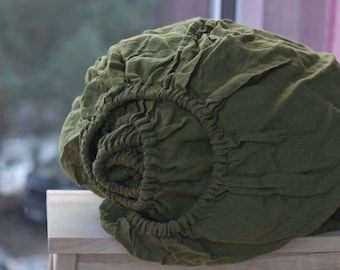 Linen fitted sheet in a Green khaki color Queen King Twin 100% Flax Softened Sheet rose linen bedding