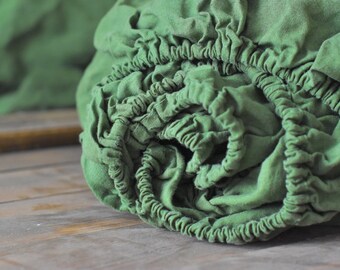 Linen fitted sheet in a Treetop Green color Queen King Twin 100% Flax Softened Sheet green linen bedding green fitted sheet