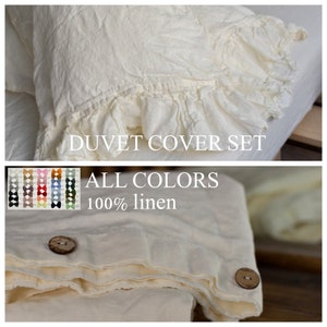 DUVET COVER set & pillow with ruffle antique white color Stone Washed Seamless full king quilt linen duvet cover king Full