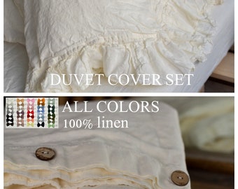 DUVET COVER set & pillow with ruffle antique white color Stone Washed Seamless full king quilt linen duvet cover king Full