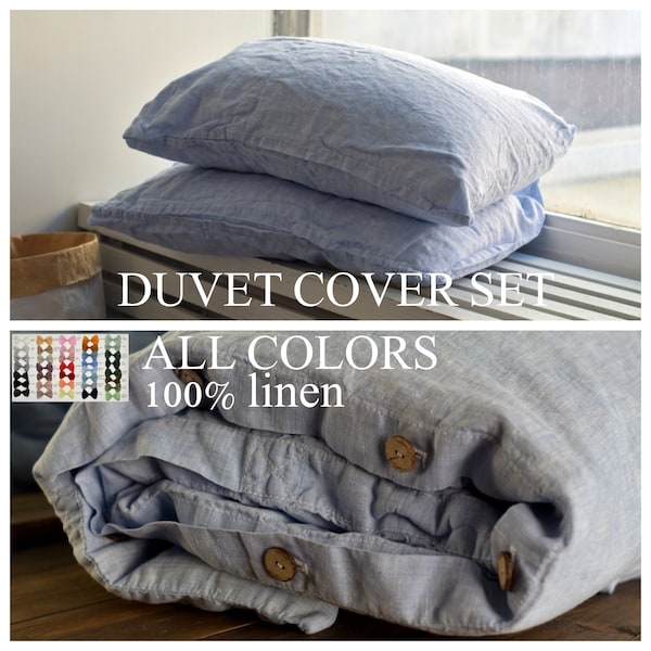 BETTBEZUG Set & Kissen mit Umschlag Verschlüssen melange blau Farbe Stone Washed Seamless voller König Quilt Leinen Bettbezug König voll