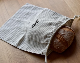 Embroidered linen bread bag for food storage, with drawstring. Sustainable and natural way to keep the products, personalized linen bag