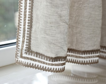 100% Organic Linen Curtain with lace. Stonewashed Linen Window Panel with lace. Linen curtains with Rod Pocket. Linen Curtain Panel.