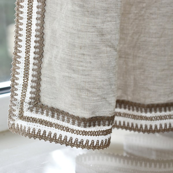 100% Organic Linen Curtain with lace. Stonewashed Linen Window Panel with lace. Linen curtains with Rod Pocket. Linen Curtain Panel.