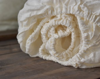 Linen fitted sheet in a Antique White color Queen King Twin 100% Flax Softened Sheet white linen bedding