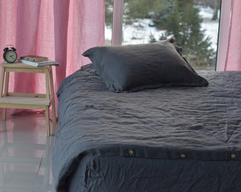 DEKBEDOVERTREK set en kussen OXFORD Grafietkleur Stone Washed Seamless volledige koning quilt linnen dekbedovertrek koning Full