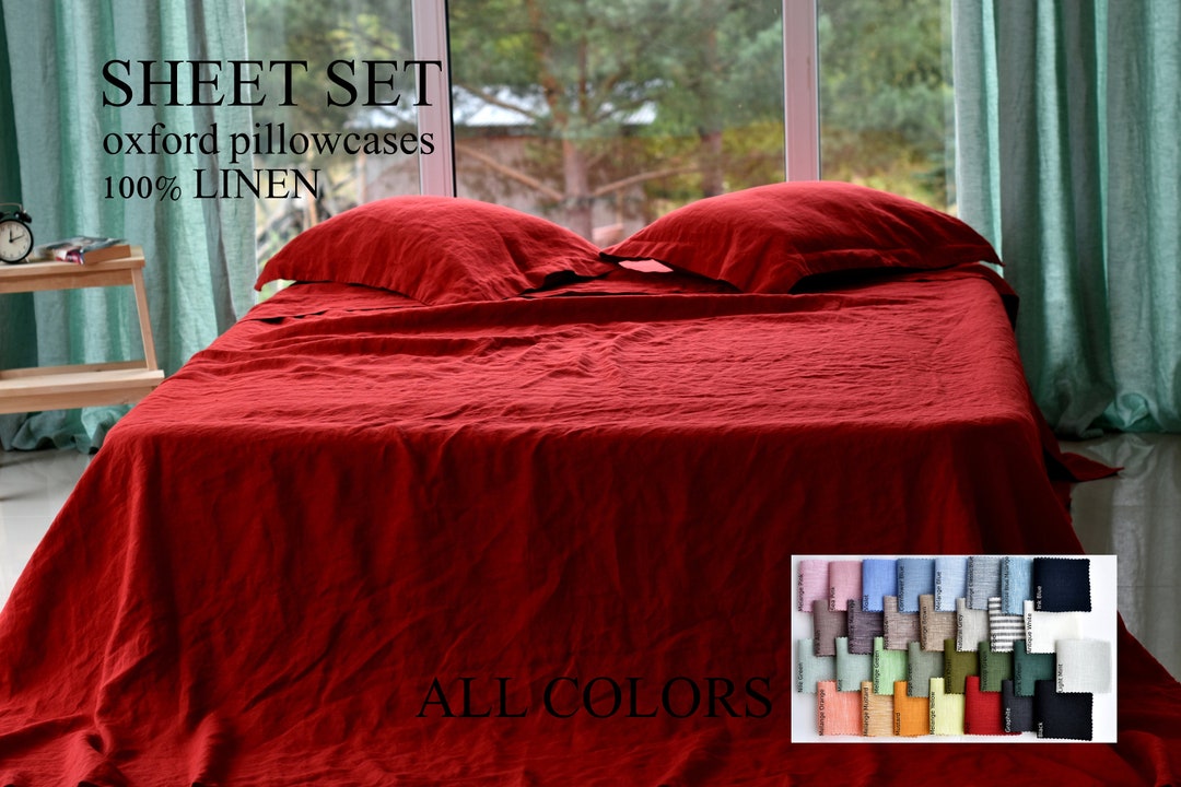 Linen SHEET SET / Red Linen Sheet Set / Bedding Set Queen King 100