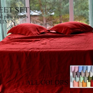 Linen SHEET SET / red linen sheet set / bedding set queen king 100% linen / linen bedding sheet set/ linen shabby chic bedding / farmhouse