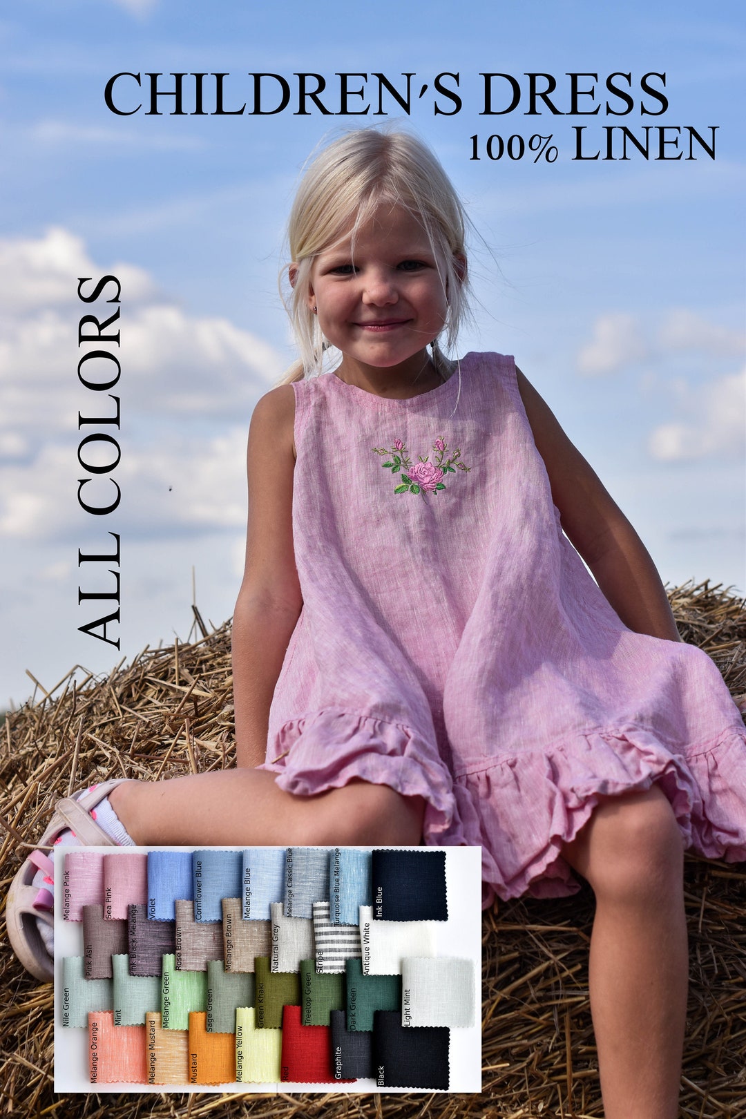 Girl Linen Dress With Swinging Ruffles / Pink Linen Baby Dress / More