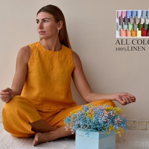 Ready To Ship / Linen top & pants / set woman / linen culottes / linen top/ pajama woman clothing / linen clothing/ gift for Christmas