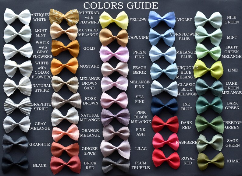 May include: A color guide for fabric swatches, displayed as bow ties. The swatches are arranged in rows and columns, with each color labeled with its name. The colors include antique white, light mint, white with gray flowers, white with color flowers, natural stripe, graphite stripe, gray melange, graphite, black, mustard with flowers, mustard melange, gold, mustard, melange brown sand, rose brown, natural melange, orange melange, ginger spice, brick red, yellow, capucine, prism pink, peach beige, melange pink, sea pink, pink black melange, pink ash, lilac, plum truffle, violet, cornflower blue, melange blue, turquoise blue melange, classic blue melange, ink blue, dark red, raspberry, royal red, nile green, mint, light green melange, lime, dark green melange, dark green, treetop green, sage green, khaki.