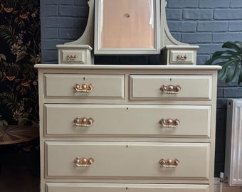 Vintage Large Chest of Drawers with Mirror Olive Green Victorian Rustic