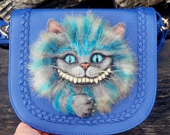 Ooak Bag with Handmade Cheshire Cat Decor, Unique Cat Lover Gift