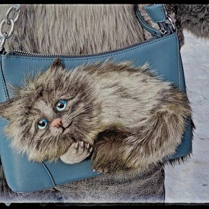 Handbag with Handmade Cat Decoration, ooak bag, Unique Cat Lover Gift
