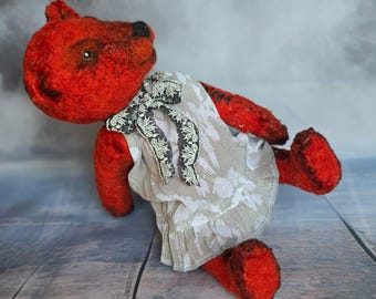 Red Artist Bear in Dress – Handmade Collectible Teddy, vintage plush