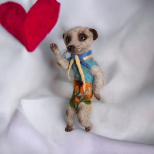 Felted meercat with Flowers – Handmade Needle Felt Animal, ooak toy