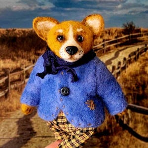 Felted Corgi Dog in Clothes – Handmade Wool Needle Felt Figurine